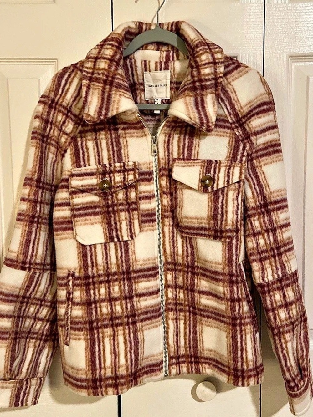 Avec Les Filles Plaid Zip Front Jacket Cream & Brown Medium